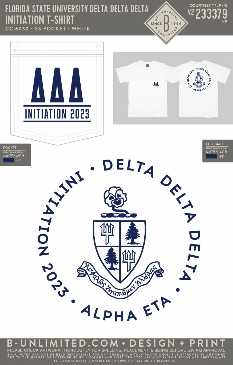 Florida State University Delta Delta Delta - Initiation T-Shirt - CC - 6030 - SS Pocket - White