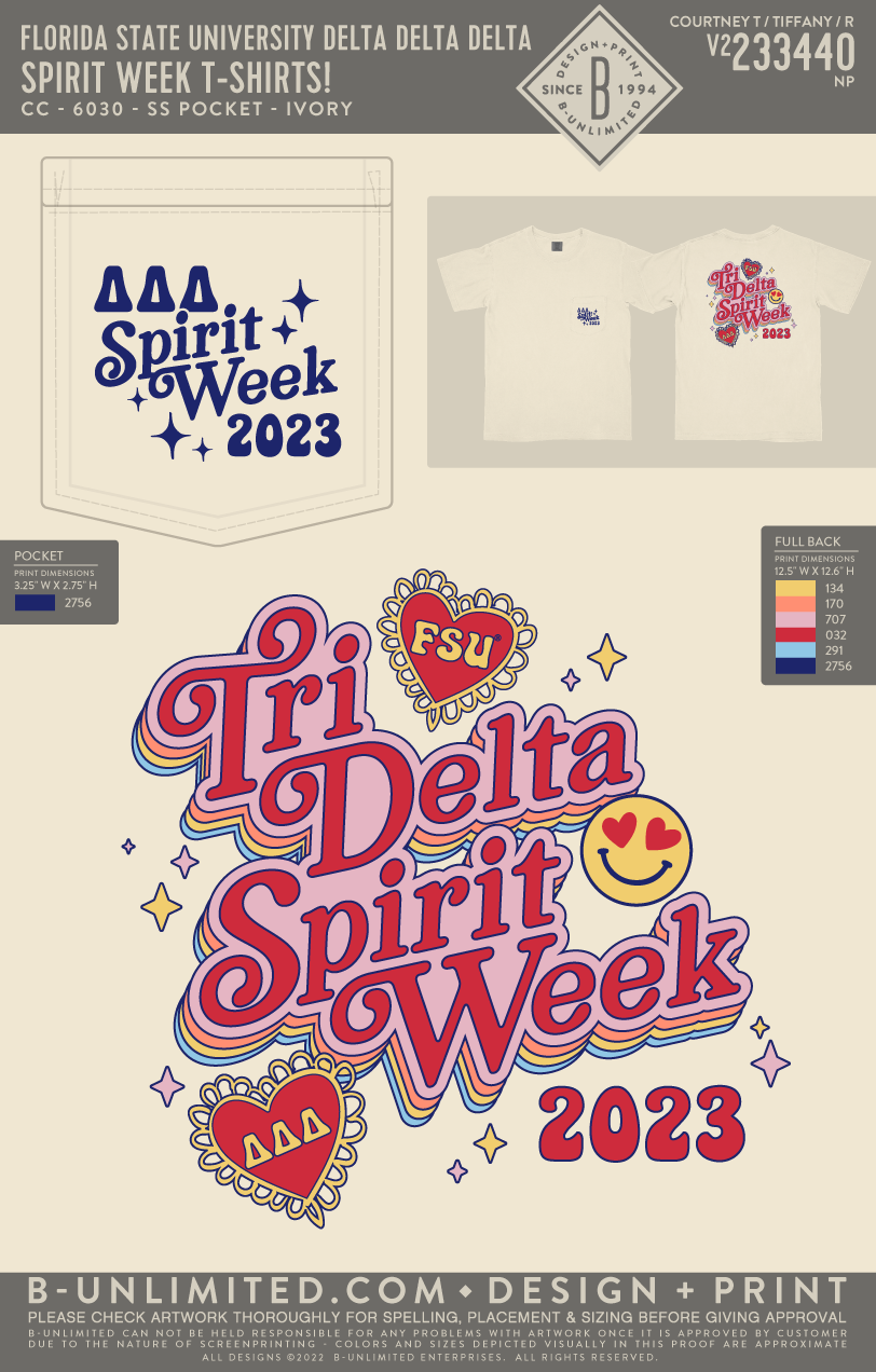 Florida State University Delta Delta Delta - Spirit Week T-Shirts! (EOYFALL23) - CC - 6030 - SS Pocket - Ivory