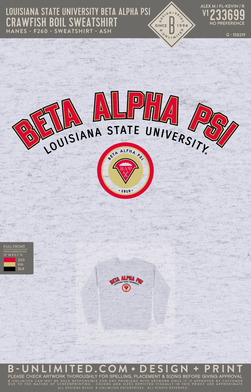 Louisiana State University Beta Alpha Psi - Crawfish Boil Sweatshirt - Hanes - F260 - Sweatshirt - Ash