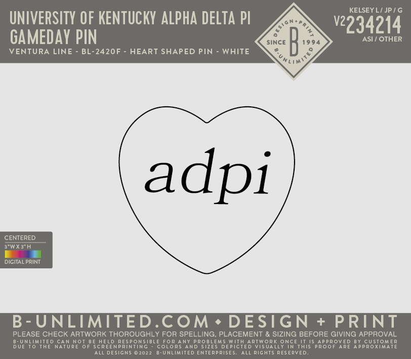 University of Kentucky Alpha Delta Pi - GAMEDAY PIN - Ventura Line - BL-2420F - 2'1/4 in - Heart Shaped Button - Multi