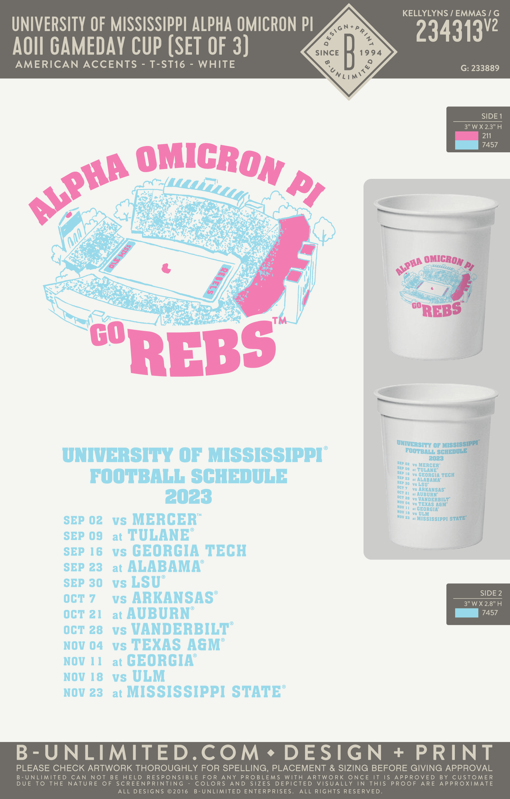 University of Mississippi Alpha Omicron Pi - AOII Gameday Cup (Set of 3) - American Accents - T-ST16 - Stadium Cup - White
