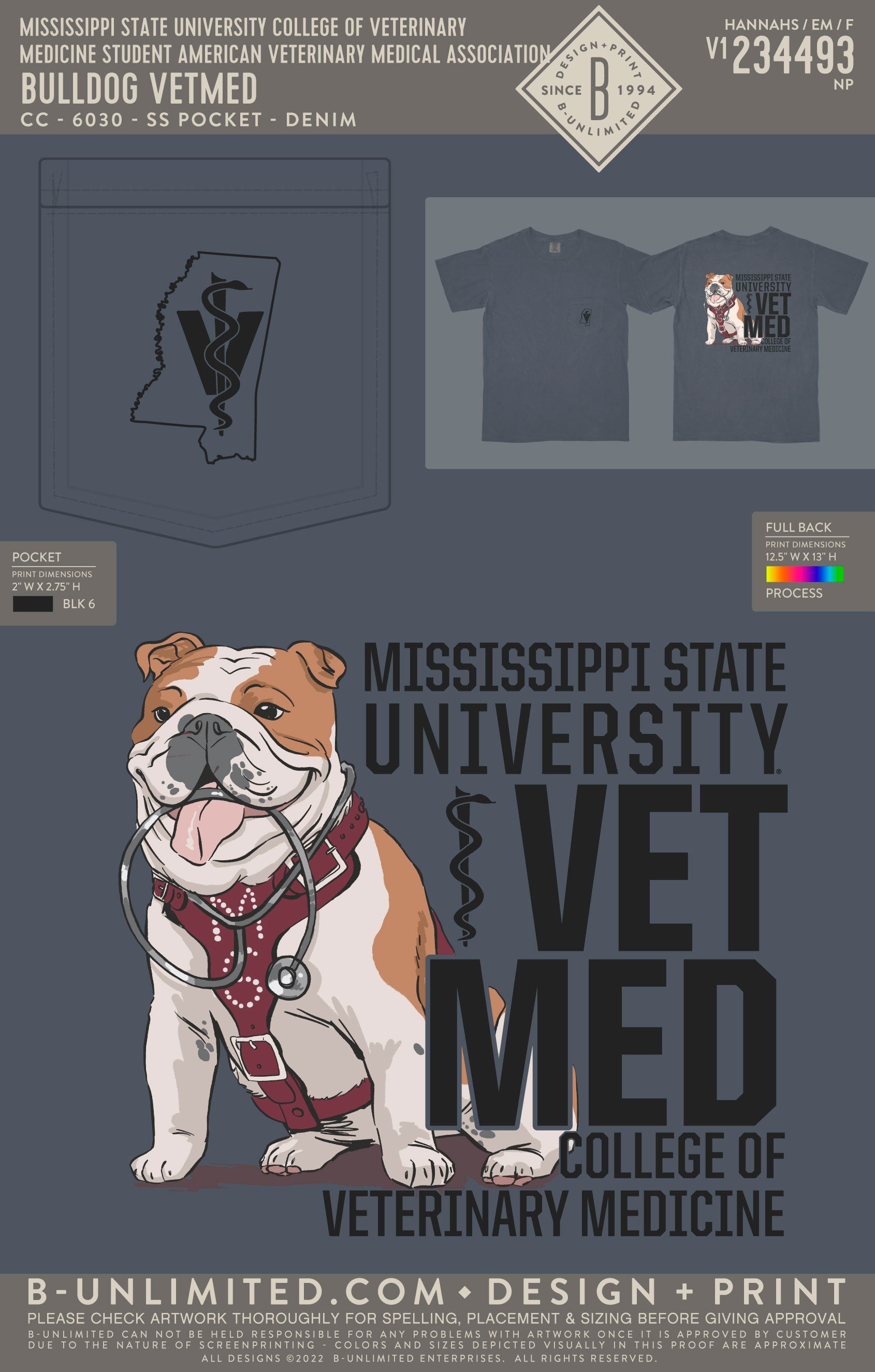 Mississippi State University College of Veterinary Medicine Student American Veterinary Medical Association - Bulldog VetMed - CC - 6030 - SS Pocket - Denim