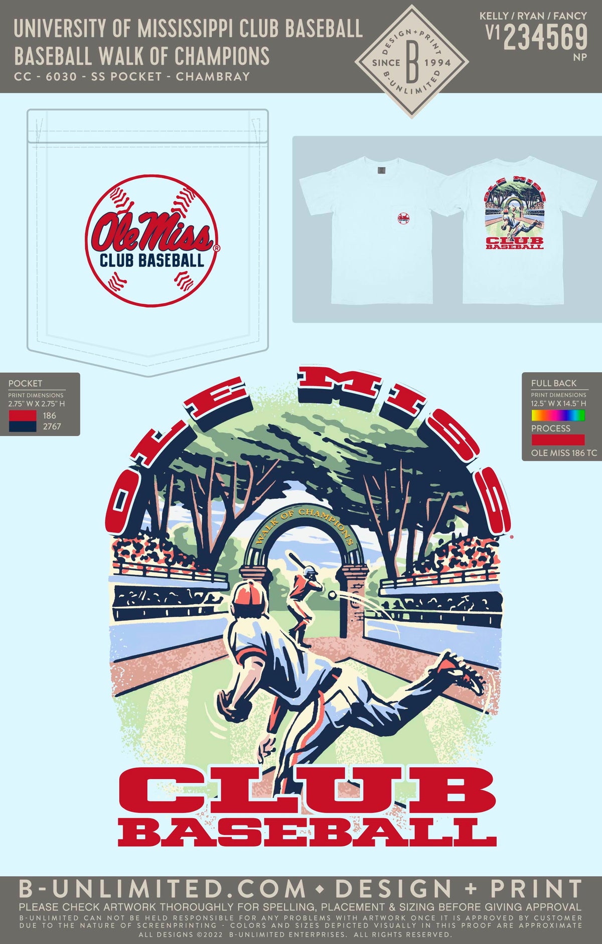 University of Mississippi Club Baseball - Baseball Walk of Champions - CC - 6030 - SS Pocket - Chambray