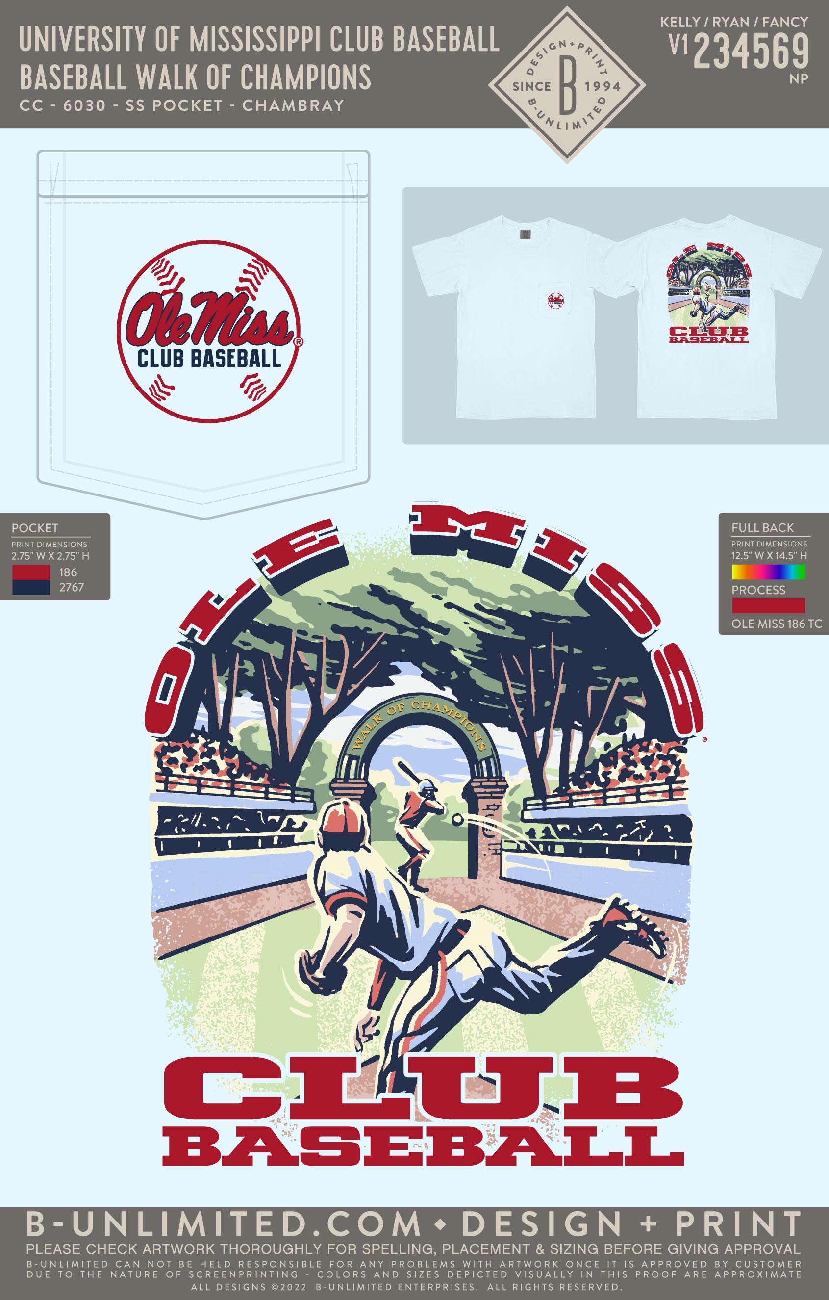 University of Mississippi Club Baseball - Baseball Walk of Champions - CC - 6030 - SS Pocket - Chambray