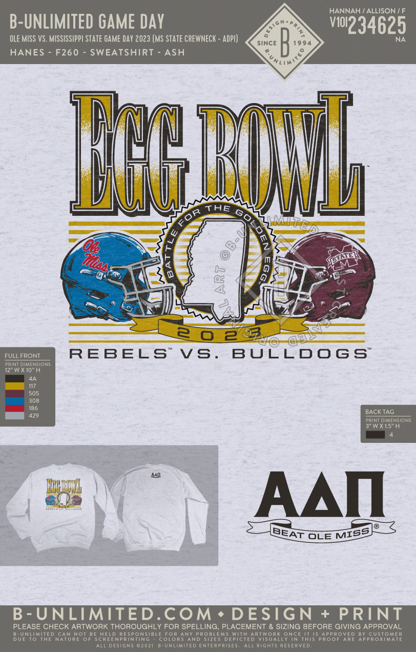 B-Unlimited Game Day - MSU ADPi Crewneck - Ole Miss vs. Mississippi State Game Day 2023
