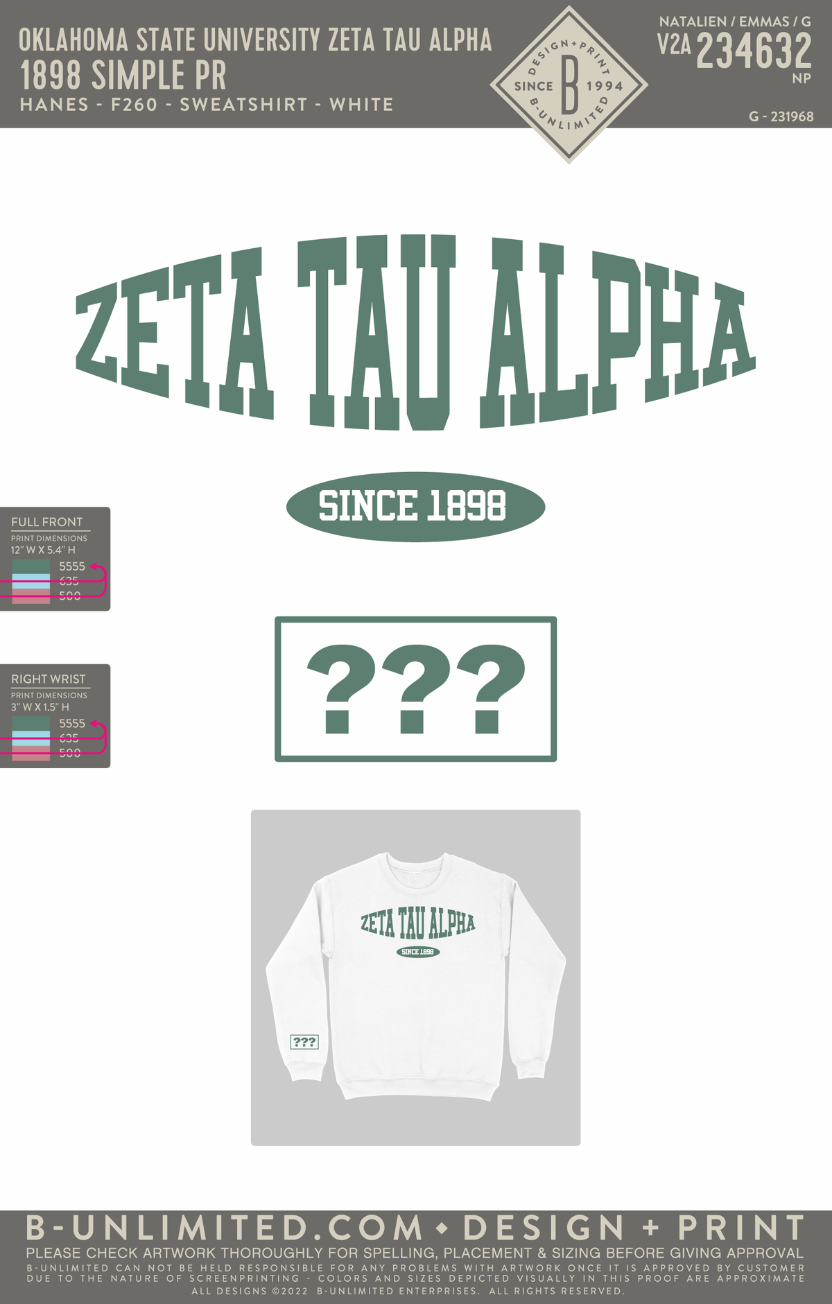 Oklahoma State University Zeta Tau Alpha - 1898 Simple PR - Hanes - F260 - Sweatshirt - White