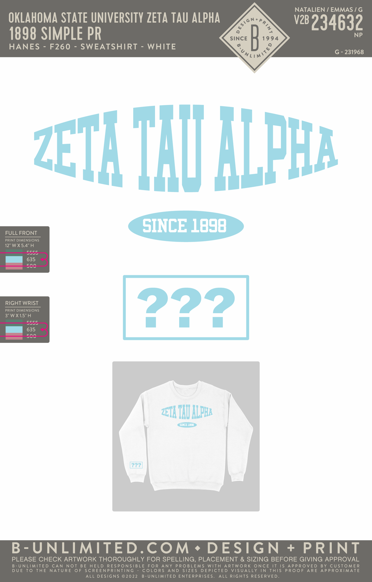 Oklahoma State University Zeta Tau Alpha - 1898 Simple PR Blue - Hanes - F260 - Sweatshirt - White