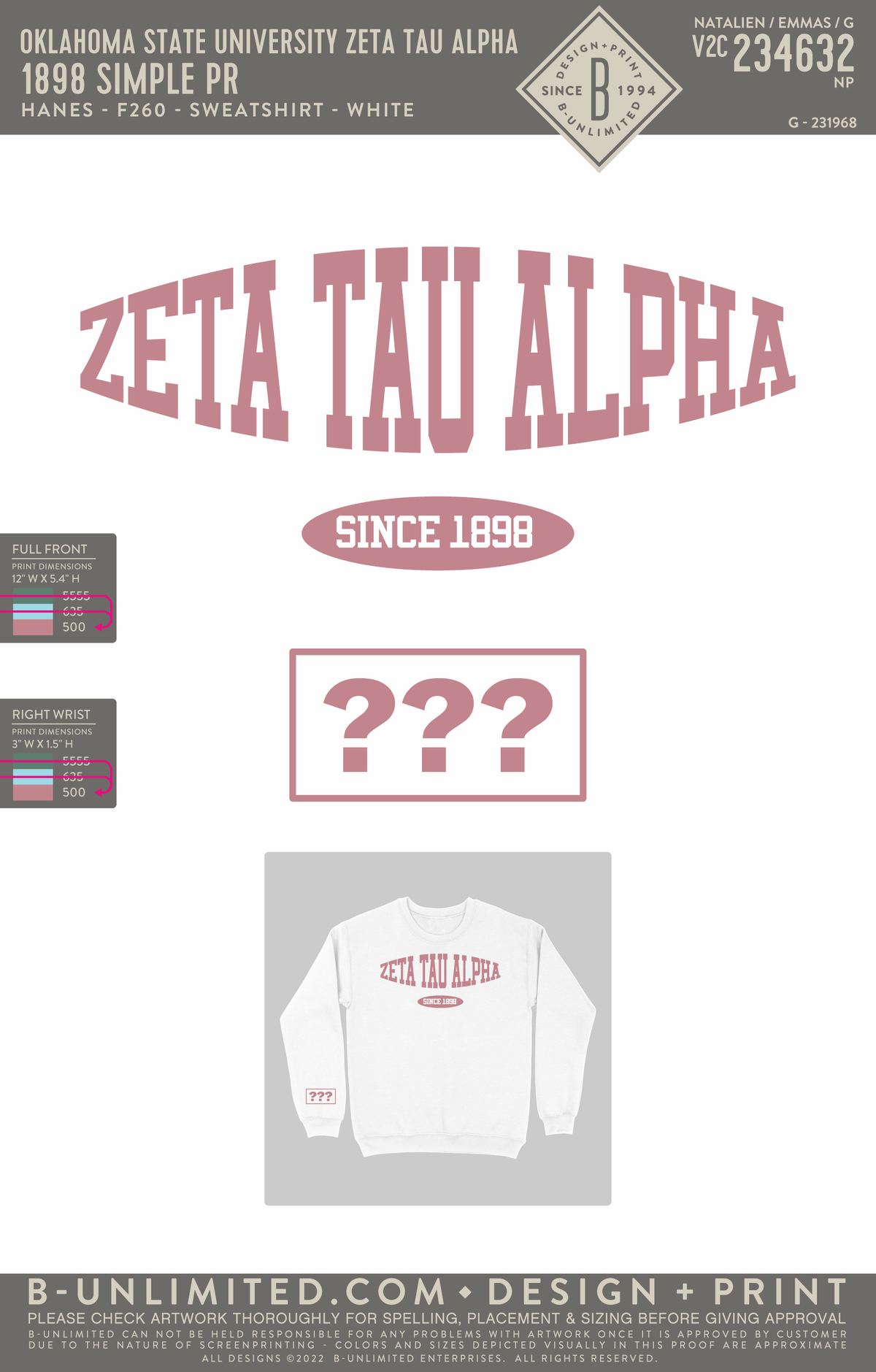 Oklahoma State University Zeta Tau Alpha - 1898 Simple PR Mauve - Hanes - F260 - Sweatshirt - White