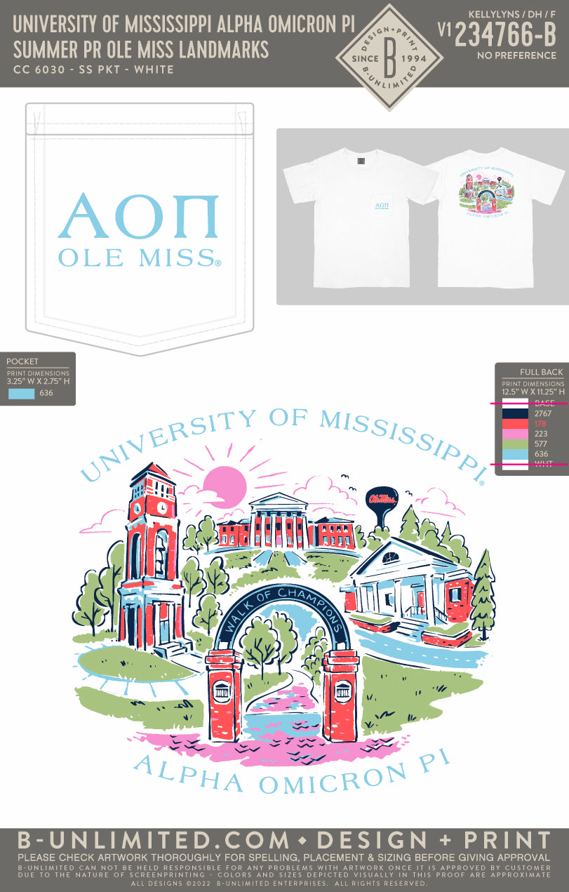 University of Mississippi Alpha Omicron Pi - Summer PR Ole Miss Landmarks (EOYFALL23) - CC - 6030 - SS Pocket - White