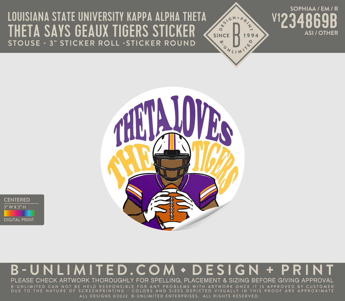 Louisiana State University Kappa Alpha Theta - THETA SAYS GEAUX TIGERS STICKER (SET OF 10) - Stouse - 5100 - 3" Roll Label Sticker - Multi