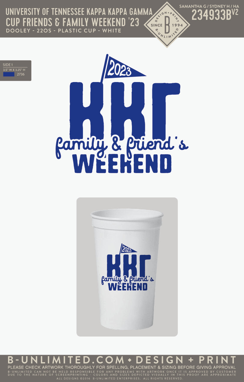 University of Tennessee Kappa Kappa Gamma - CUP Family & friends weekend '23 - Dooley - 22s - 22 oz. Cup - White