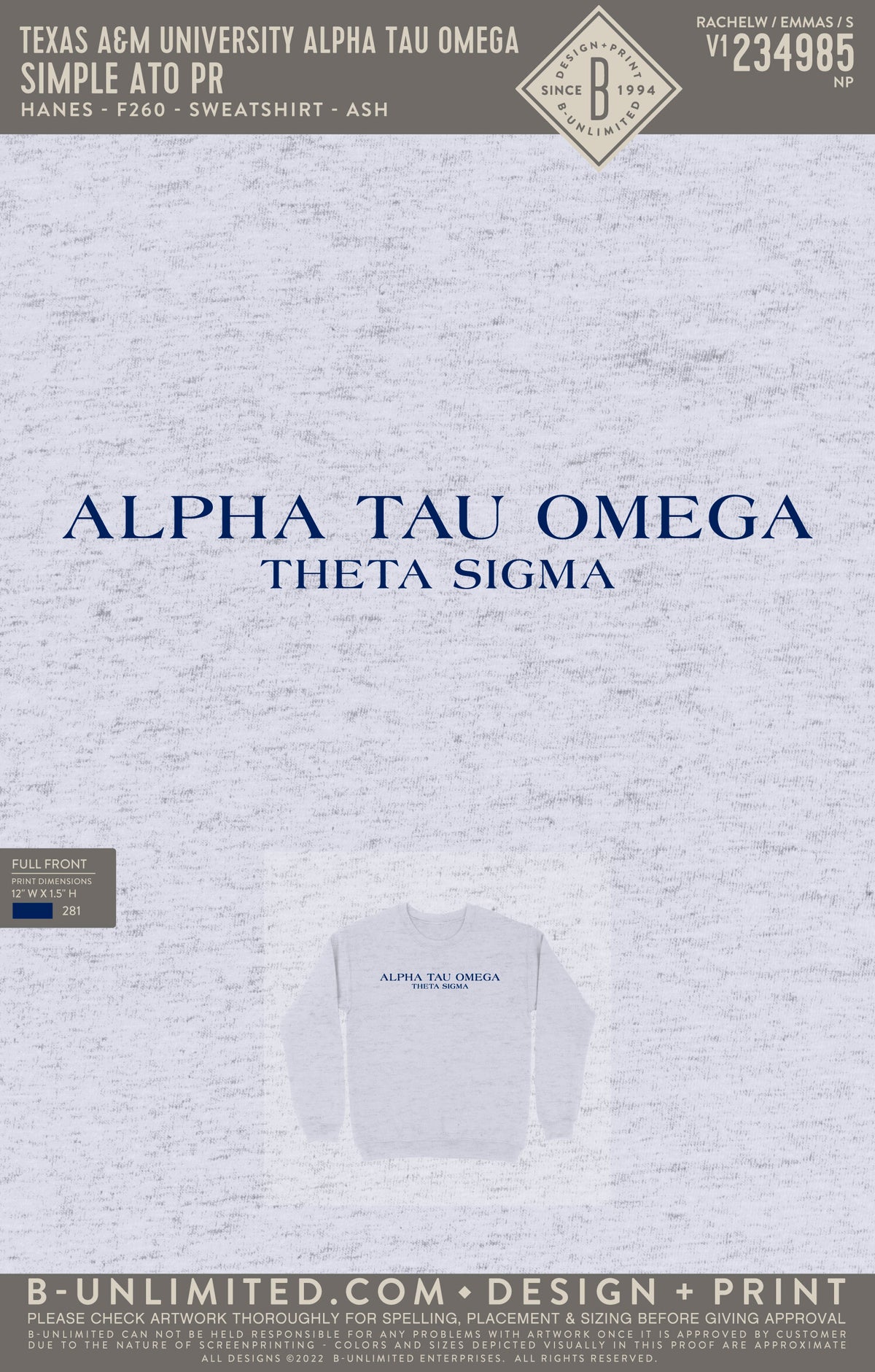 Texas A&M University Alpha Tau Omega - Simple ATO PR - Hanes - F260 - Sweatshirt - Ash