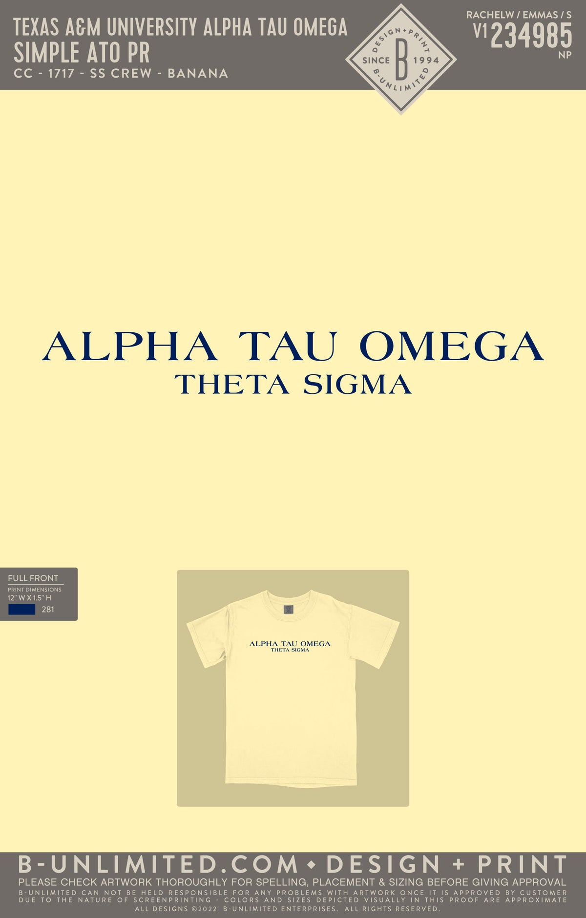 Texas A&M University Alpha Tau Omega - Simple ATO PR - CC - 1717 - SS Crew - Banana