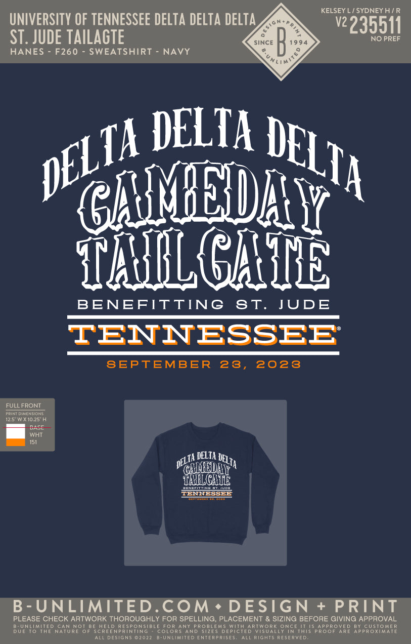 University of Tennessee Delta Delta Delta - St. Jude Tailgate - Hanes - F260 - Sweatshirt - Navy