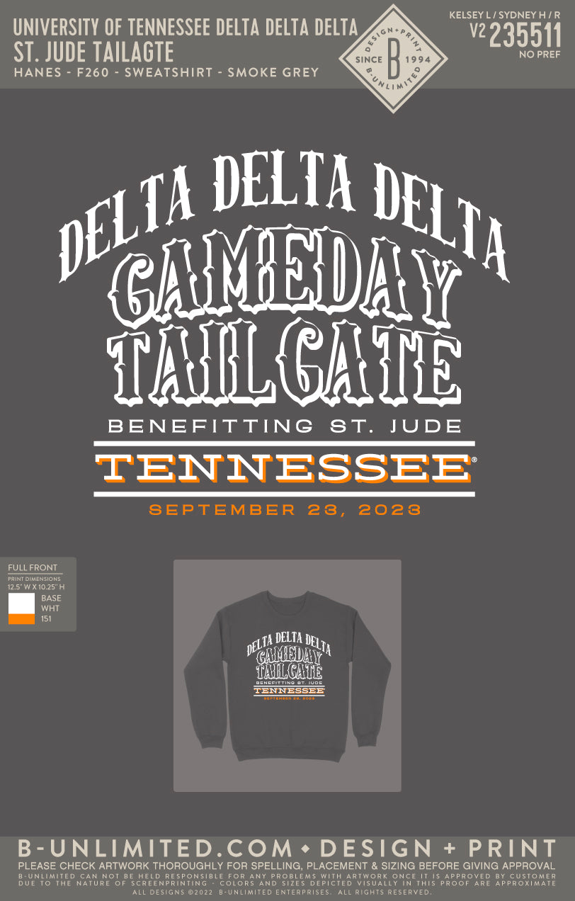 University of Tennessee Delta Delta Delta - St. Jude Tailgate - Hanes - F260 - Sweatshirt - Smoke Grey