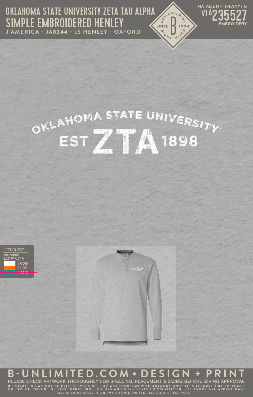 Oklahoma State University Zeta Tau Alpha - Simple Embroidered Henley White - J America - JA8244 - LS Henley - Oxford