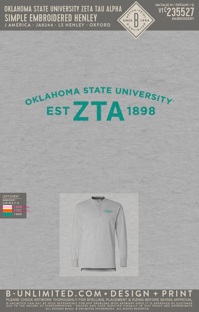 Oklahoma State University Zeta Tau Alpha - Simple Embroidered Henley Turquoise - J America - JA8244 - LS Henley - Oxford