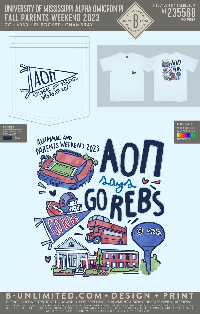 University of Mississippi Alpha Omicron Pi - Fall Parents Weekend 2023 (EOYFALL23) - CC - 6030 - SS Pocket - Chambray