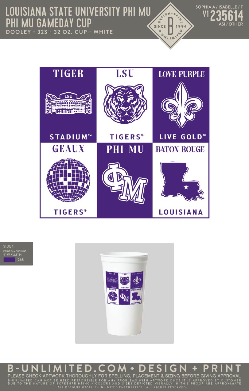 Louisiana State University Phi Mu - Phi Mu Gameday Cup - Dooley - 32s - 32 oz. Cup - White (SET OF 2)