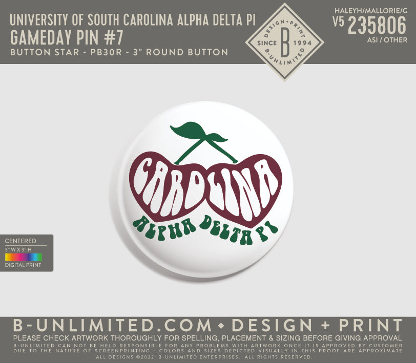University of South Carolina Alpha Delta Pi - Gameday Pin #7 - Button Star - PB30R - 3" Round Button - White