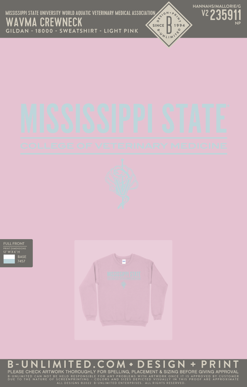 Mississippi State University World Aquatic Veterinary Medical Association - WAVMA Crewneck - Gildan - 18000 - Sweatshirt - Light Pink