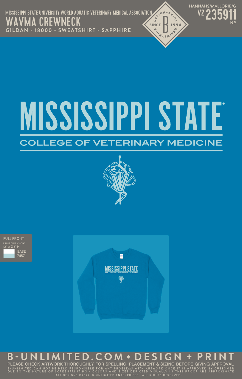 Mississippi State University World Aquatic Veterinary Medical Association - WAVMA Crewneck - Gildan - 18000 - Sweatshirt - Sapphire