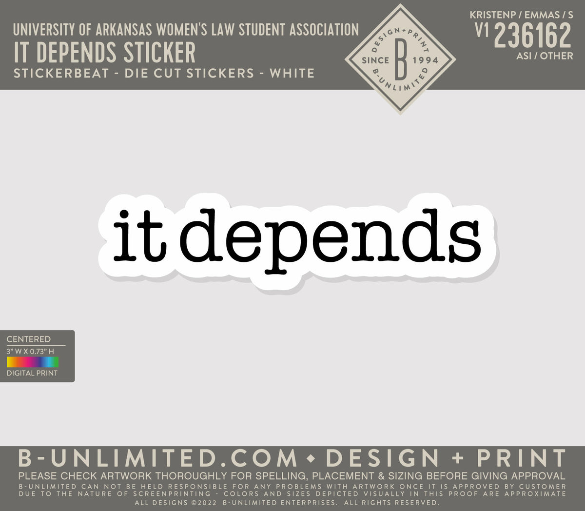University of Arkansas Women's Law Student Association - It Depends Sticker - Stickerbeat - Die Cut Stickers - White