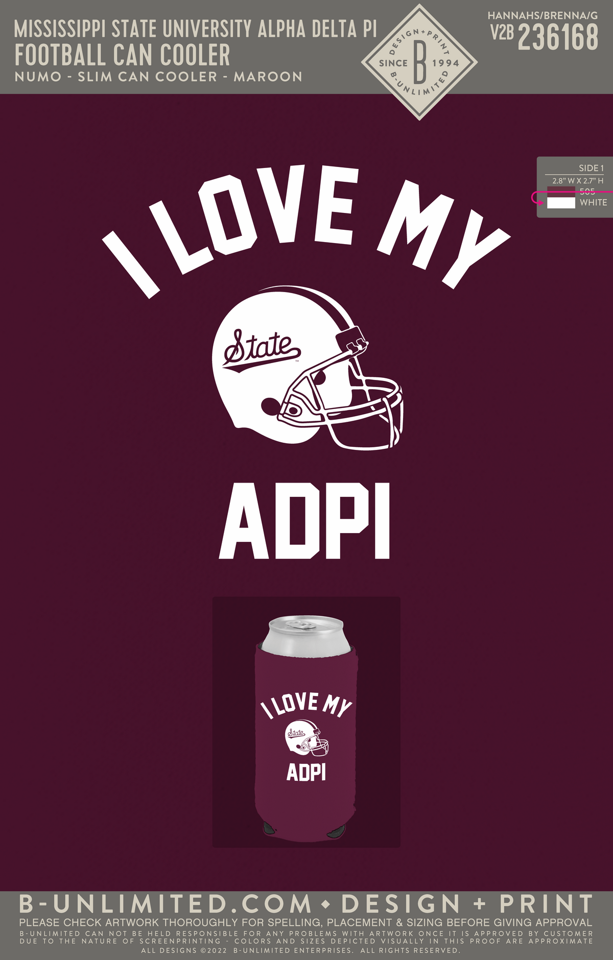 Mississippi State University Alpha Delta Pi - Football Can Cooler - Numo - 1080 - Slim Can Cooler - Maroon