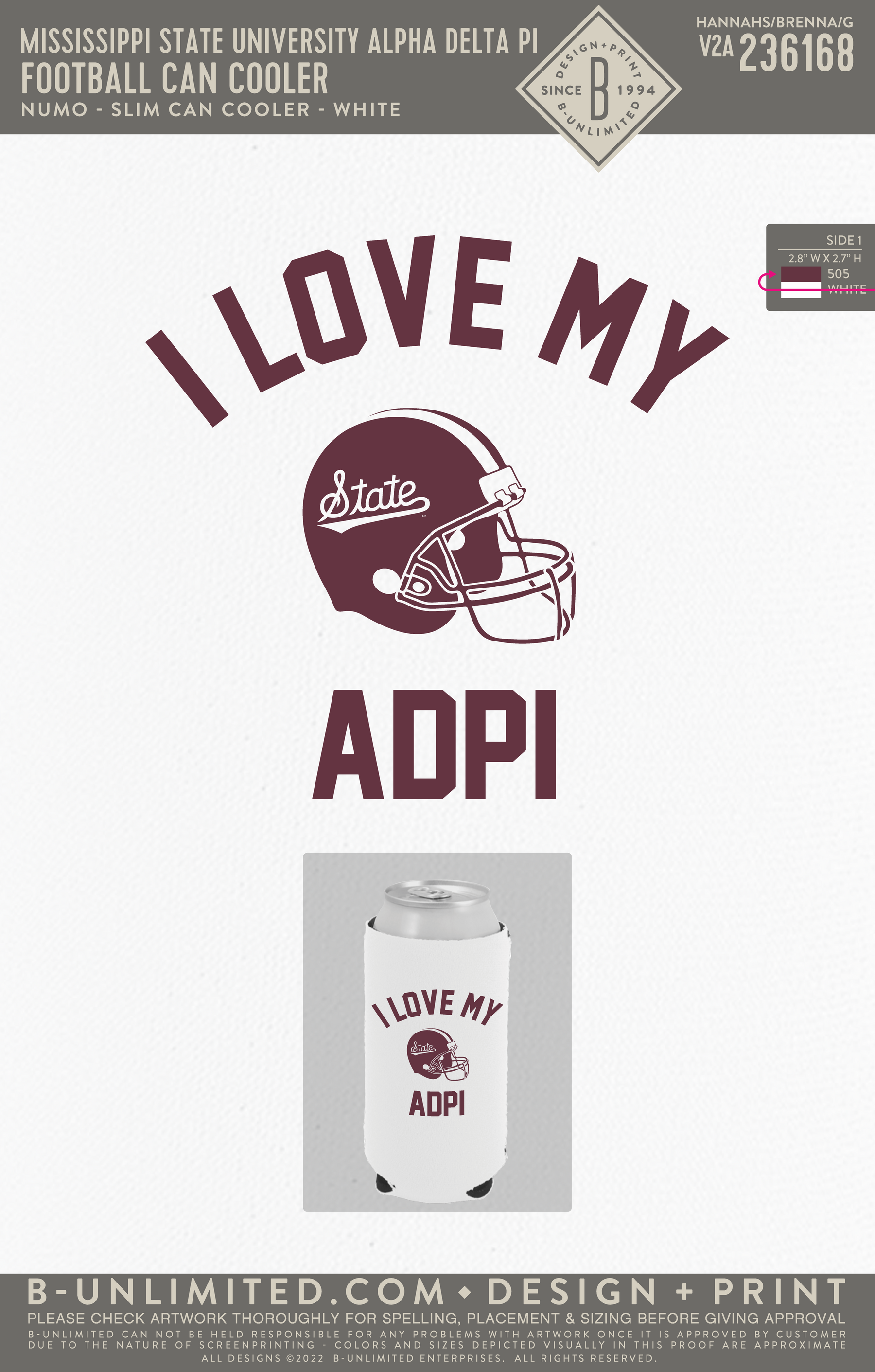 Mississippi State University Alpha Delta Pi - Football Can Cooler - Numo - 1080 - Slim Can Cooler - White