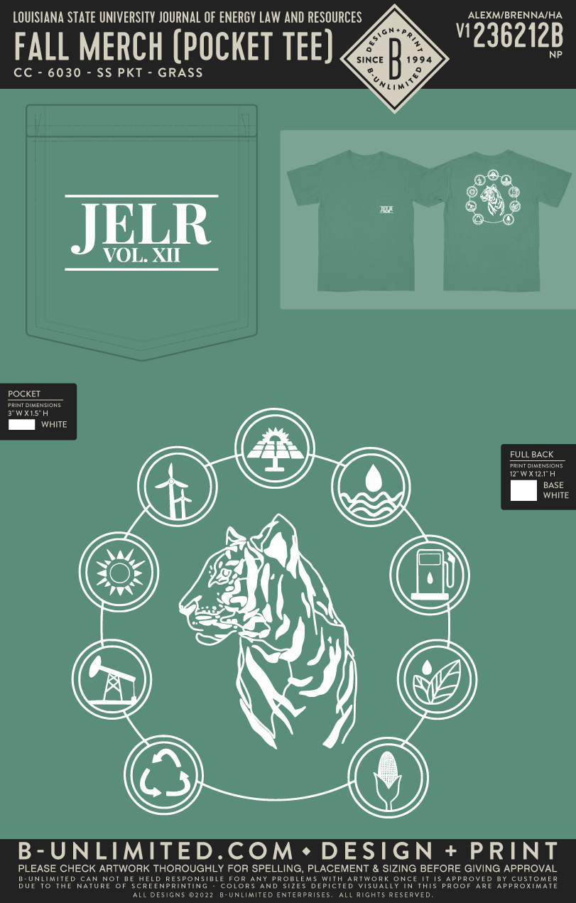Louisiana State University Journal of Energy Law and Resources - Fall Merch (pocket tee) - CC - 6030 - SS Pocket - Grass