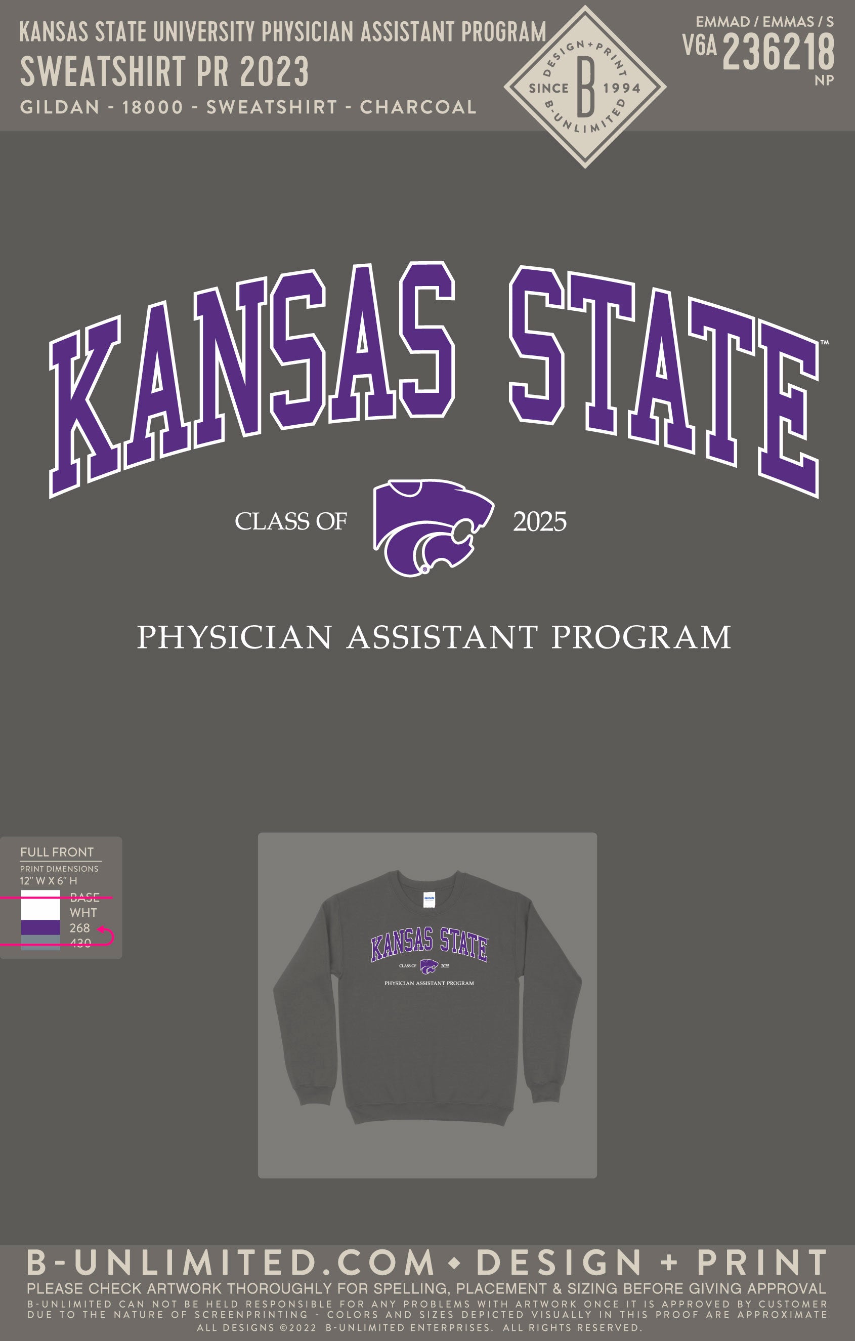 Kansas State University Physician Assistant Program - PR 2023 - Gildan - 18000 - Sweatshirt - Charcoal