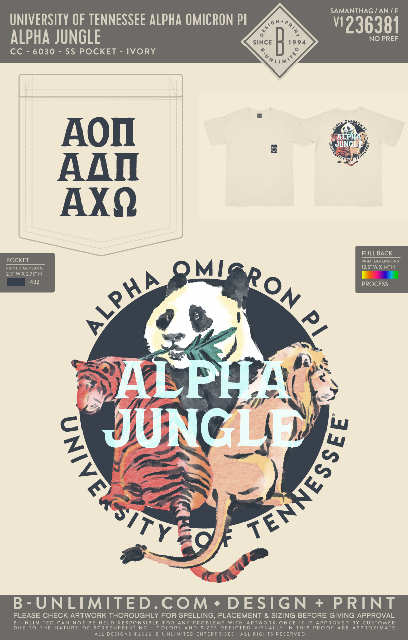 University of Tennessee Alpha Omicron Pi - ALPHA JUNGLE (AOII) - CC - 6030 - SS Pocket - Ivory