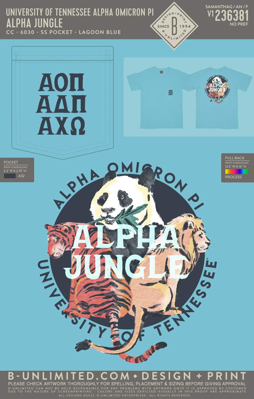 University of Tennessee Alpha Omicron Pi - ALPHA JUNGLE (AOII) - CC - 6030 - SS Pocket - Lagoon Blue