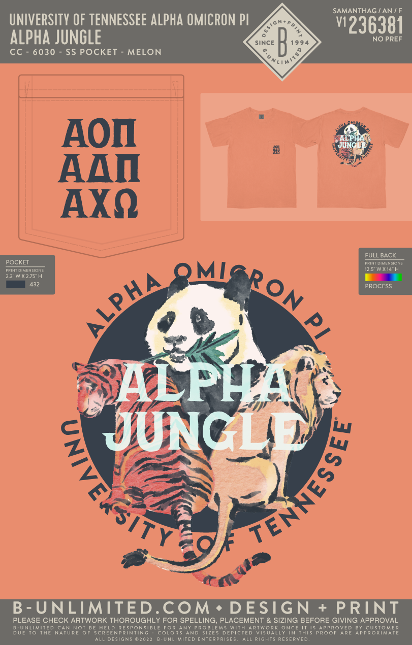 University of Tennessee Alpha Omicron Pi - ALPHA JUNGLE (AOII) - CC - 6030 - SS Pocket - Melon