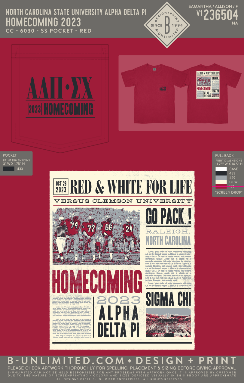 North Carolina State University Alpha Delta Pi - Homecoming 2023 - CC - 6030 - SS Pocket - Red