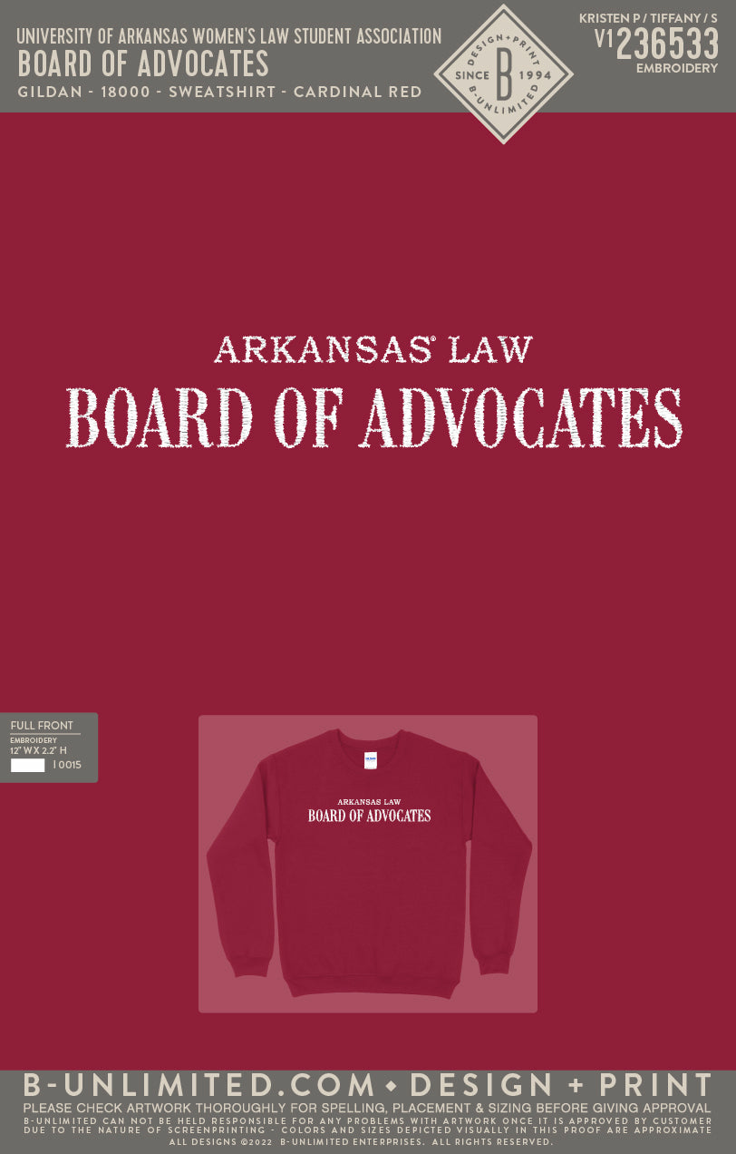 University of Arkansas Law School Board of Advocates - Board of Advocates - Gildan - 18000 - Sweatshirt - Cardinal Red