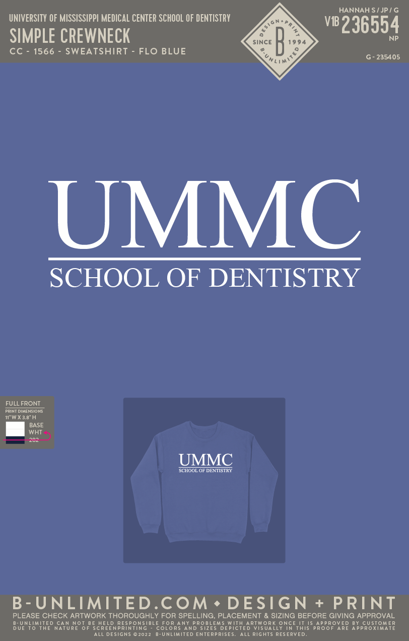 University of Mississippi Medical Center School of Dentistry - Simple Crewneck - CC - 1566 - Sweatshirt - Flo Blue