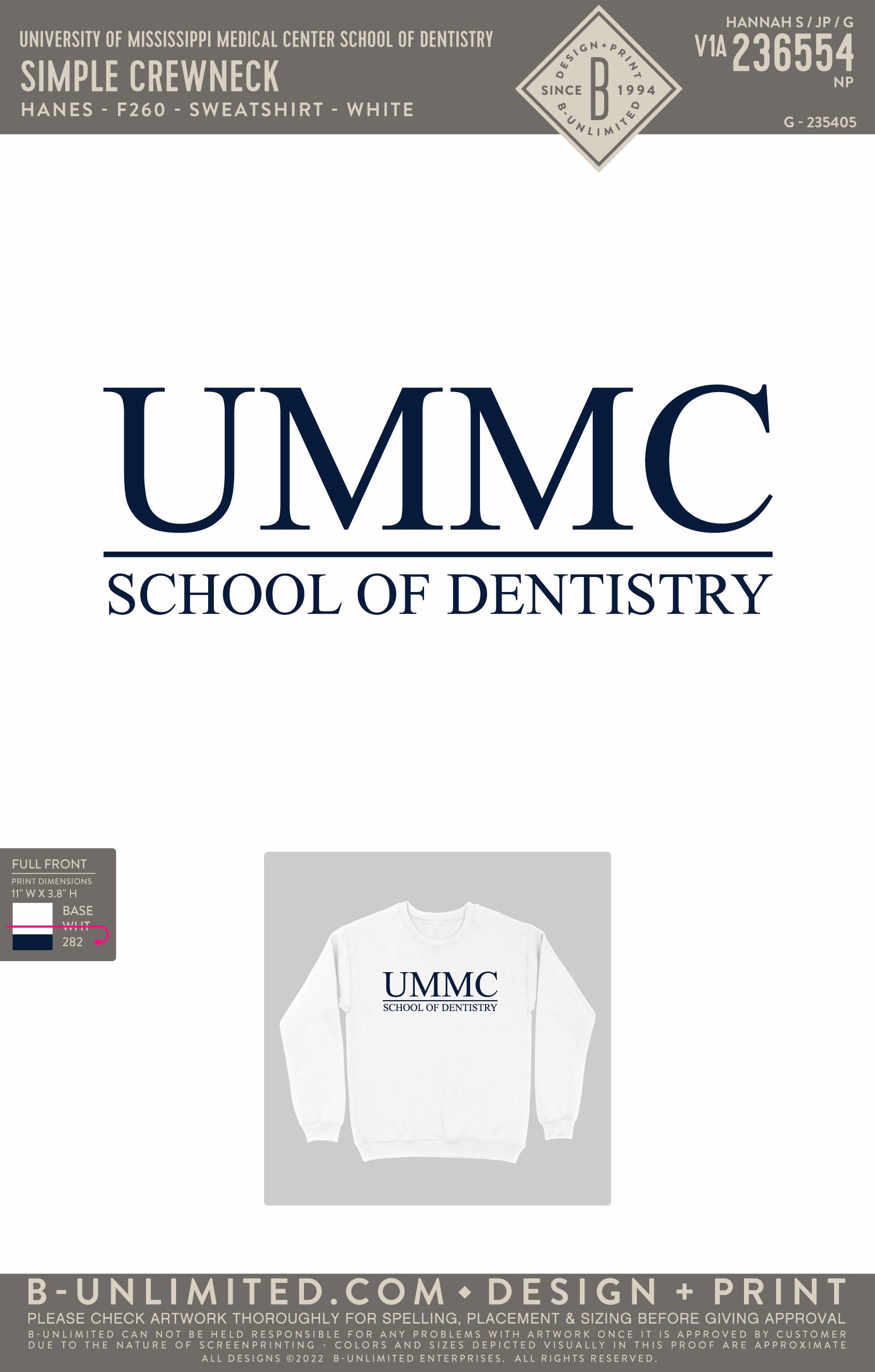 University of Mississippi Medical Center School of Dentistry - Simple Crewneck - Hanes - F260 - Sweatshirt - White