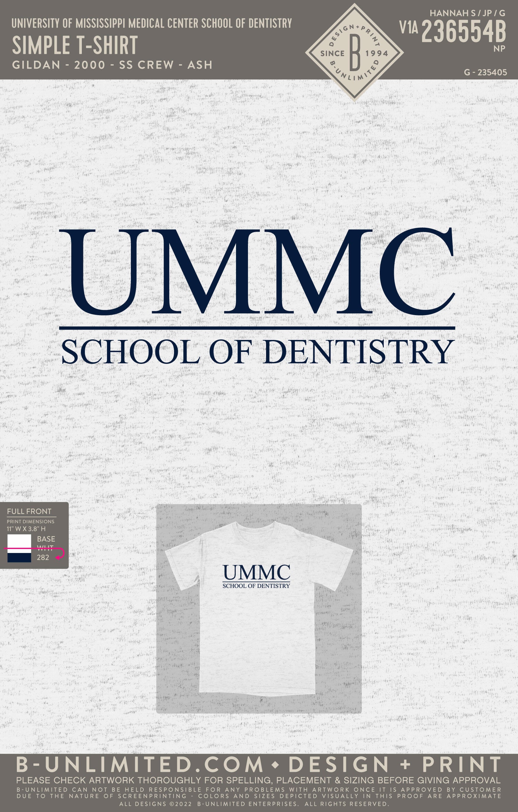 University of Mississippi Medical Center School of Dentistry - Simple T-Shirt - Gildan - 2000 - SS Crew - Ash Grey