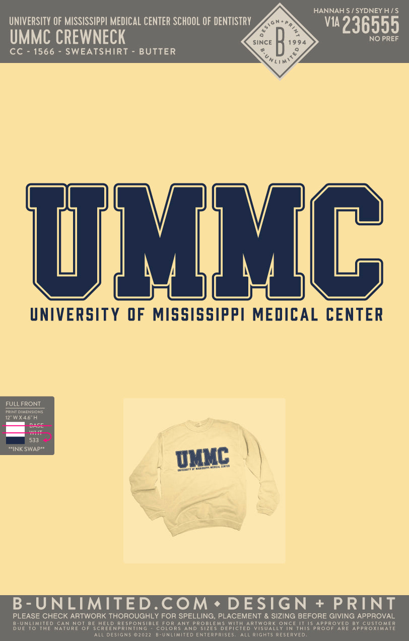 University of Mississippi Medical Center School of Dentistry - UMMC Crewneck - CC - 1566 - Sweatshirt - Butter