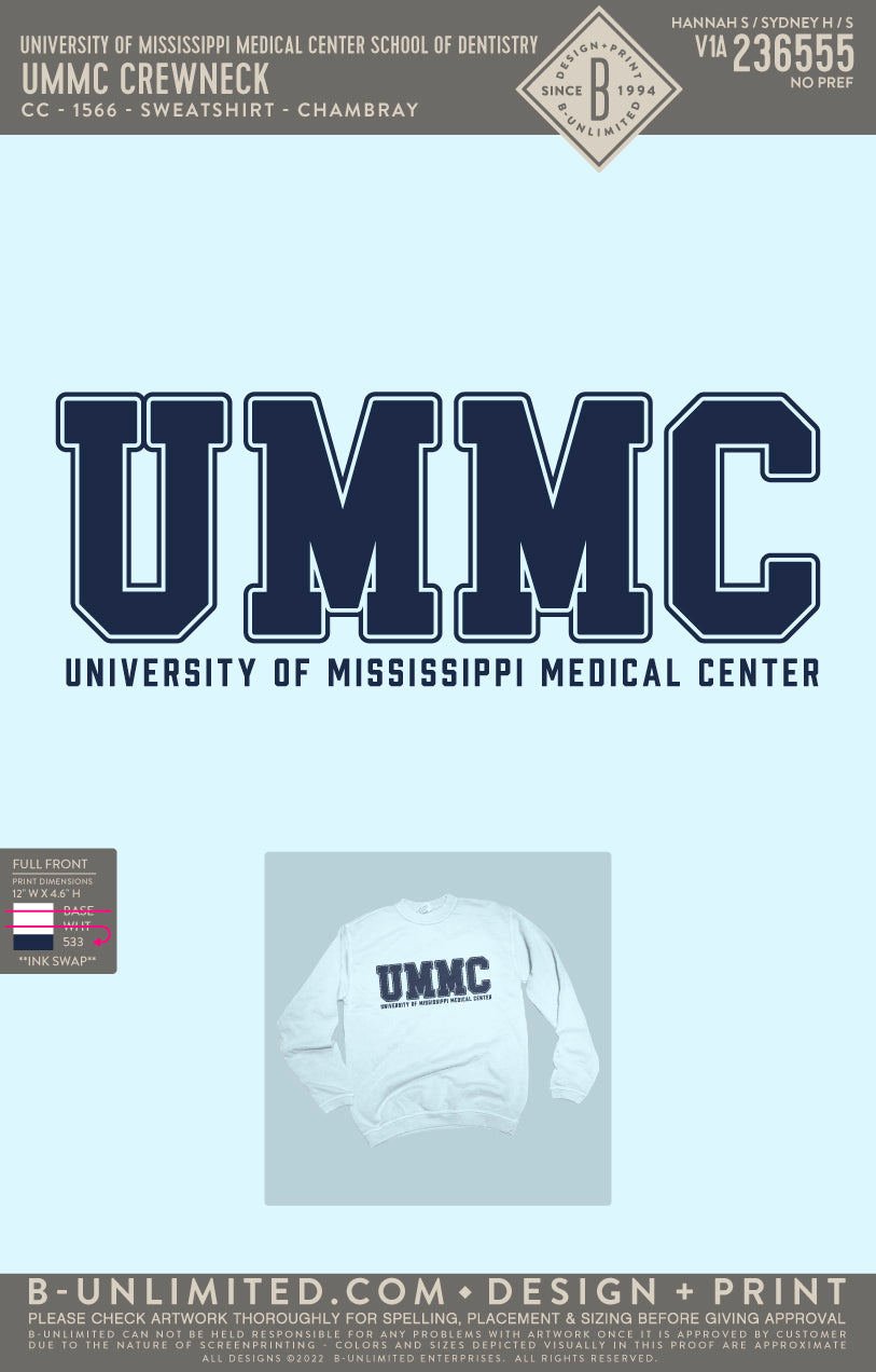 University of Mississippi Medical Center School of Dentistry - UMMC Crewneck - CC - 1566 - Sweatshirt - Chambray