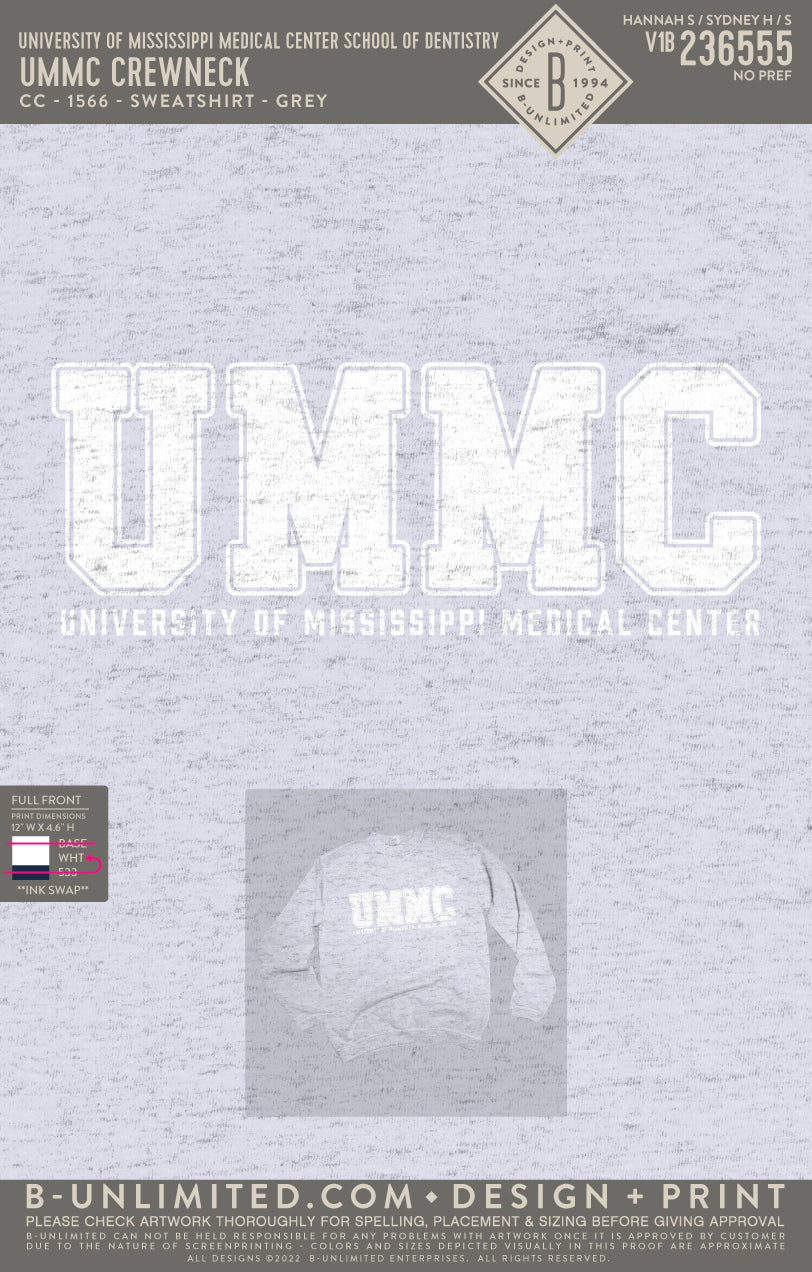 University of Mississippi Medical Center School of Dentistry - UMMC Crewneck - Hanes - F260 - Sweatshirt - Ash