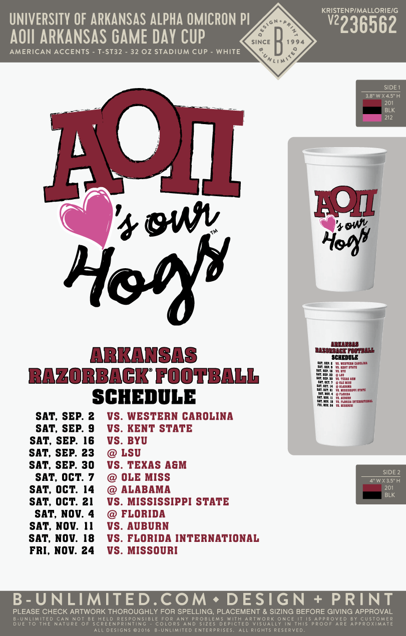 University of Arkansas Alpha Omicron Pi - AOII Arkansas Game day cup (PACK OF 4) - American Accents - T-ST32 - 32 oz Stadium Cup - White