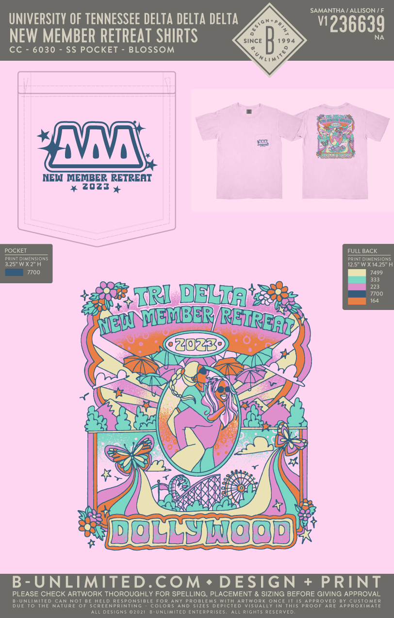 University of Tennessee Delta Delta Delta - New Member Retreat Shirts (EOYFALL23) - CC - 6030 - SS Pocket - Blossom