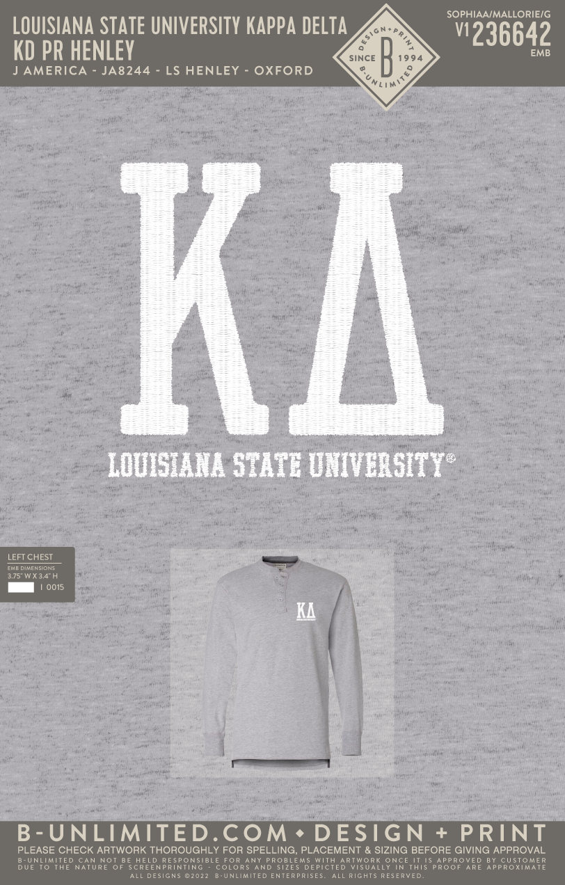 Louisiana State University Kappa Delta - KD PR Henley - J America - JA8244 - LS Henley - Oxford