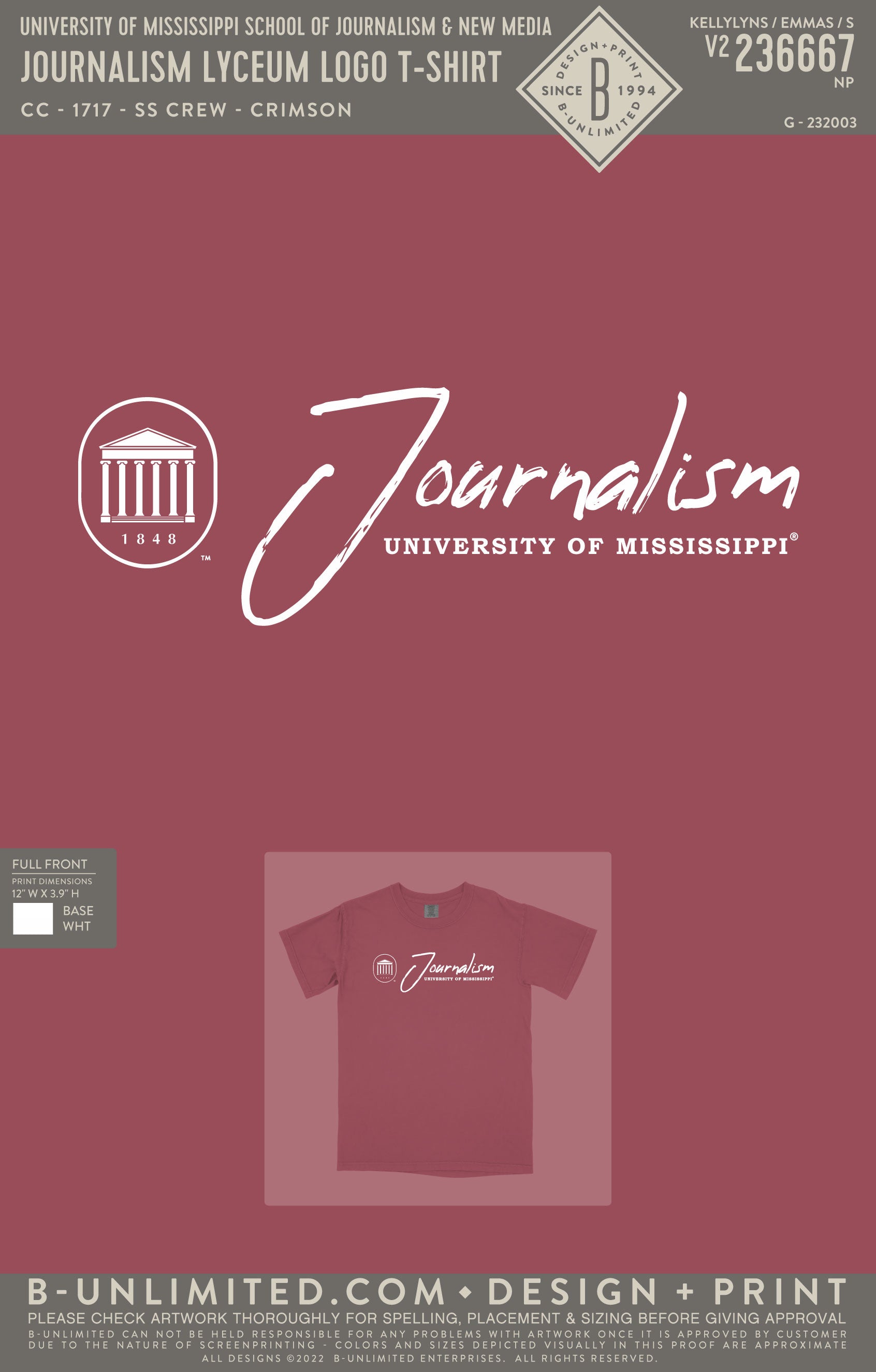 University of Mississippi School of Journalism & New Media - Journalism Lyceum Logo T-Shirt - CC - 1717 - SS Crew - Crimson