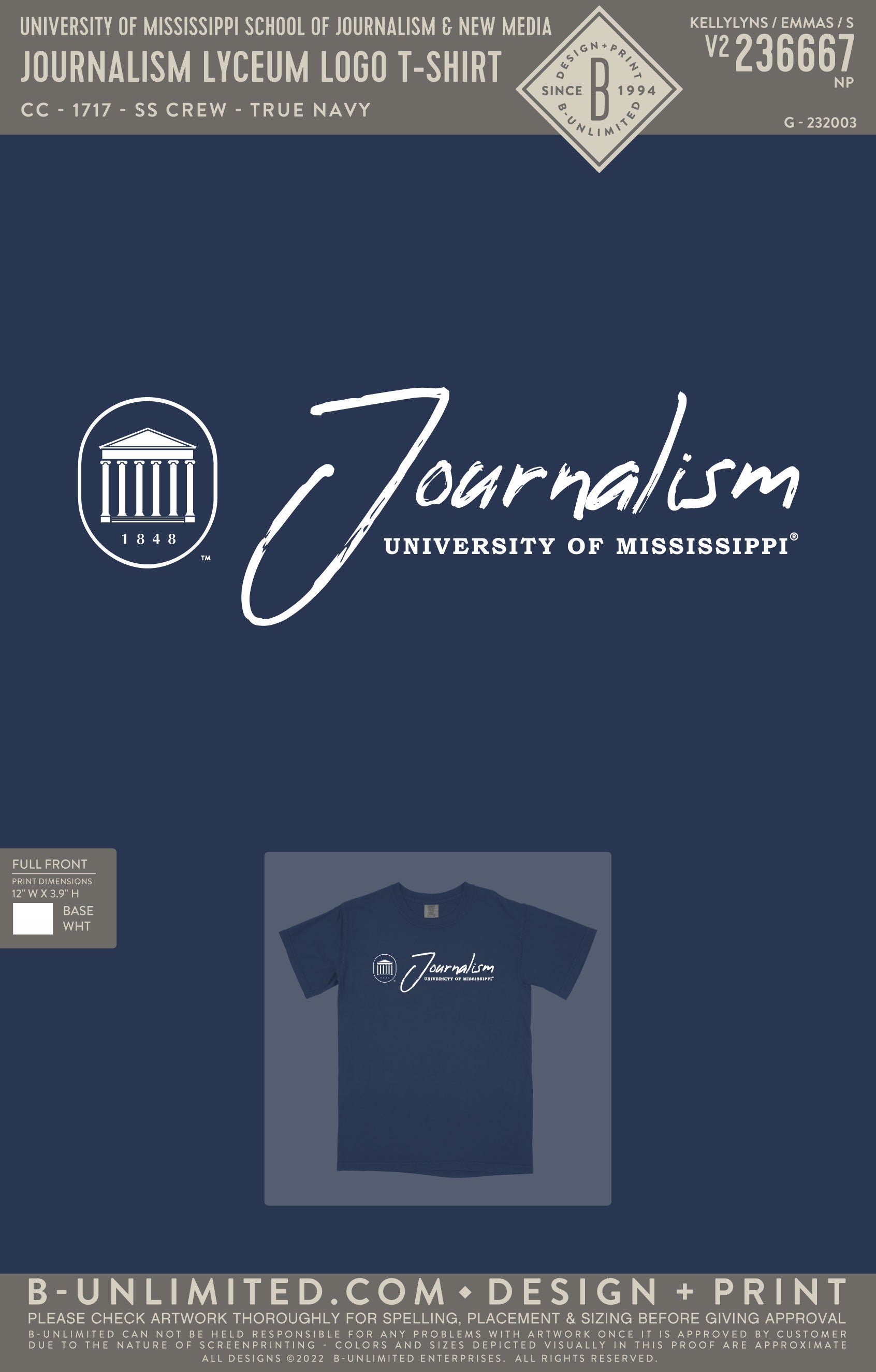 University of Mississippi School of Journalism & New Media - Journalism Lyceum Logo T-Shirt - CC - 1717 - SS Crew - True Navy