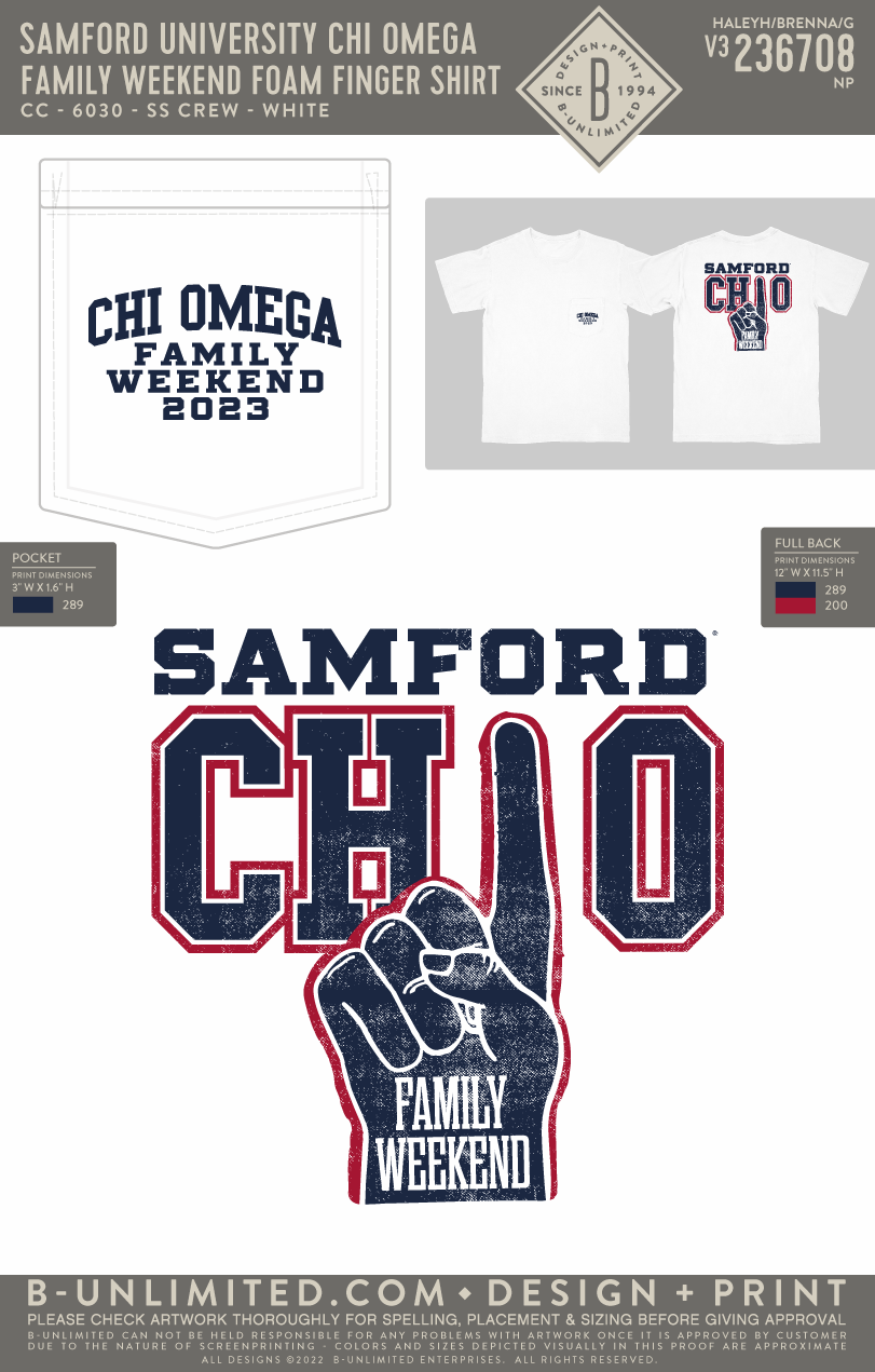 Samford University Chi Omega - Family Weekend Foam Finger Shirt (EOY FALL 23) - CC - 6030 - SS Pocket - White
