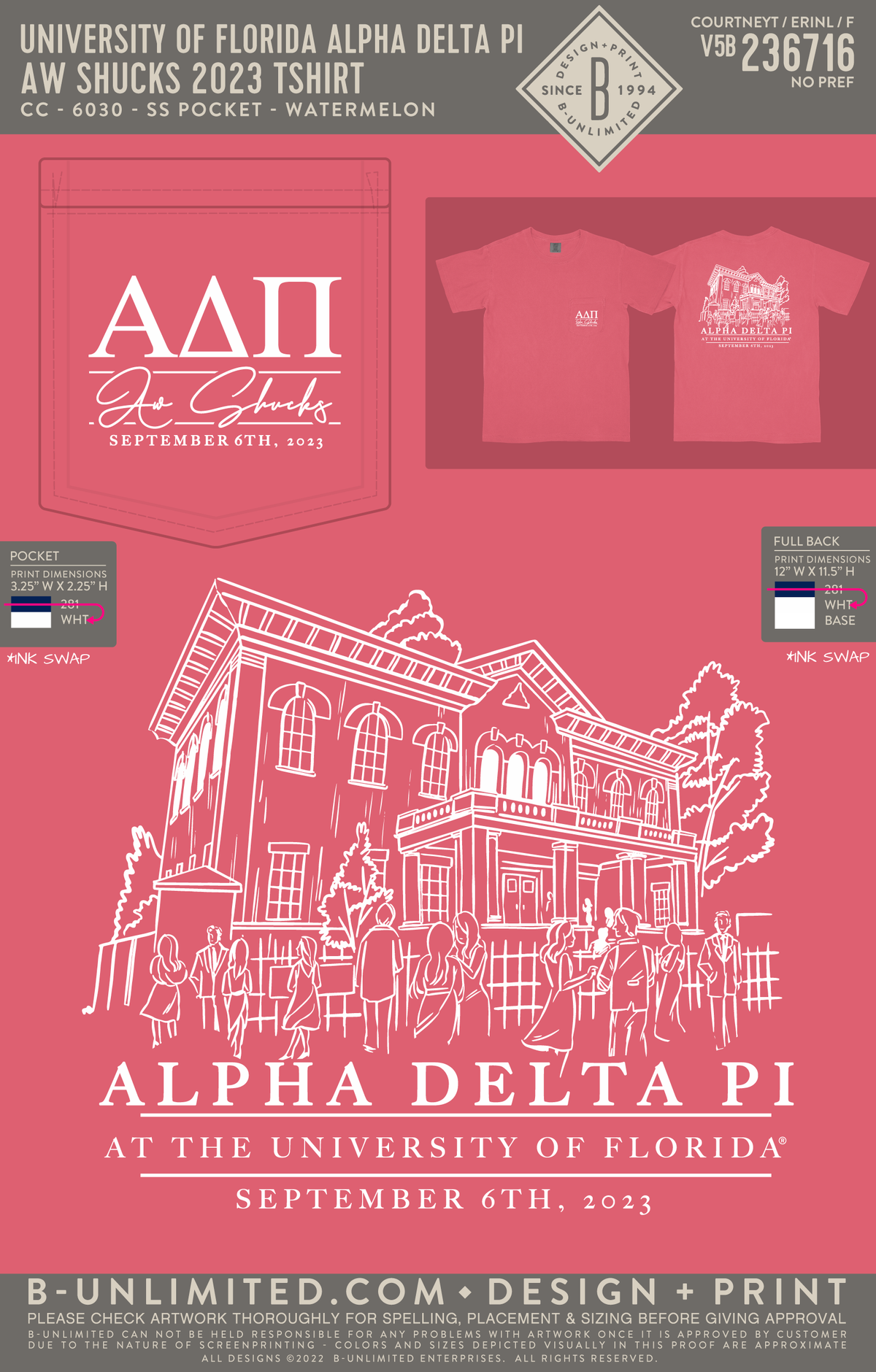 University of Florida Alpha Delta Pi - aw shucks 2023 tshirt (EOYFALL23) - CC - 6030 - SS Pocket - Watermelon
