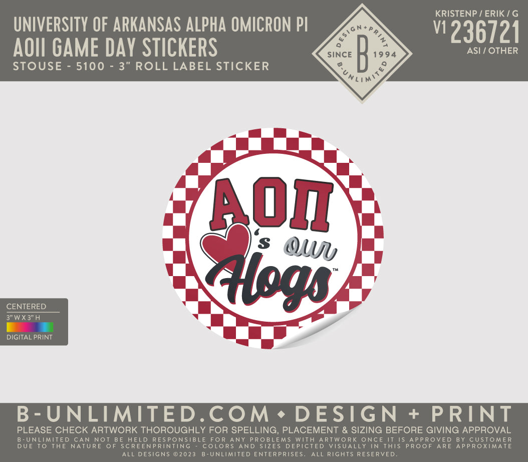 University of Arkansas Alpha Omicron Pi - AOII Game day stickers (PACK OF 10) - Stouse - 5100 - 3" Roll Label Sticker - Multi